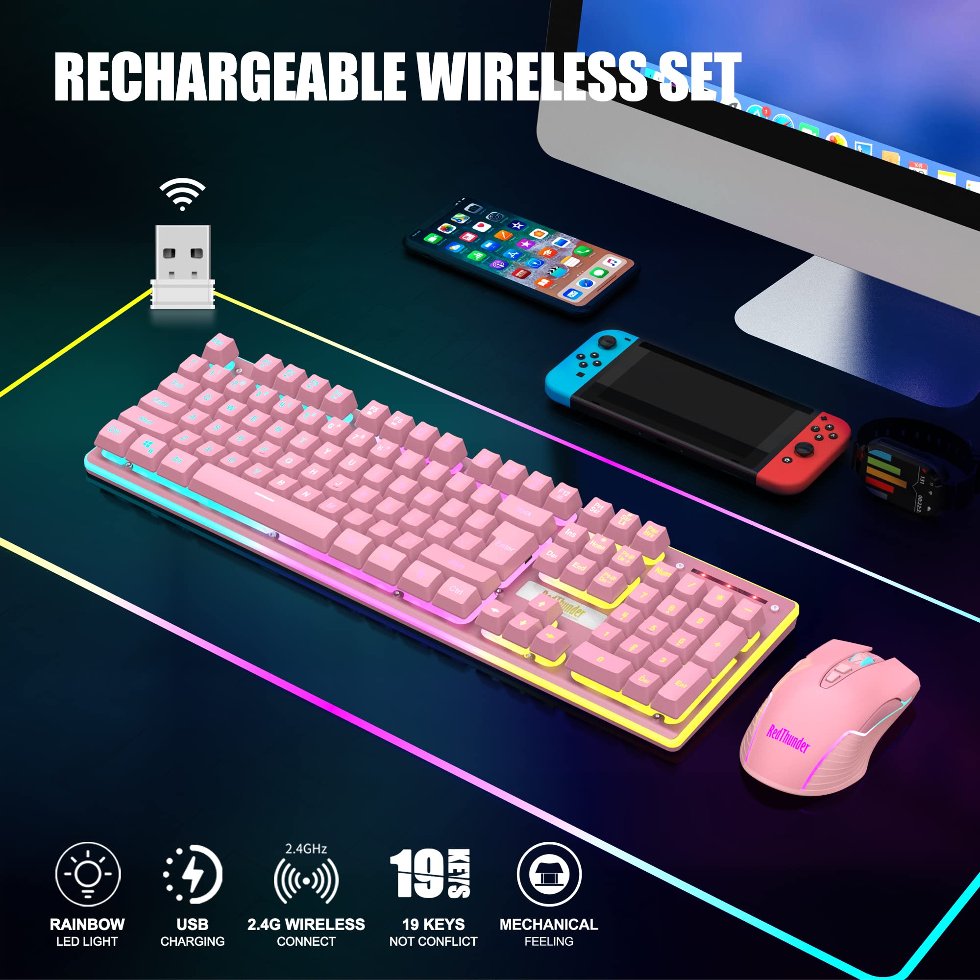 RedThunder K10 Wireless Gaming Keyboard and Mouse Combo, LED Backlit Rechargeable 3800mAh Battery, Mechanical Feel Anti-ghosting Keyboard + 7D 3200DPI Mice for PC Gamer (Pink)