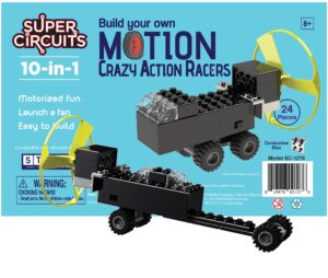 super circuits byo crazy electric racers 10-in-1 stem kit, fan launch toy building block set, 10 different action racers, motorized fun, great science project for kids, birthday gift, boys, girls, 8+