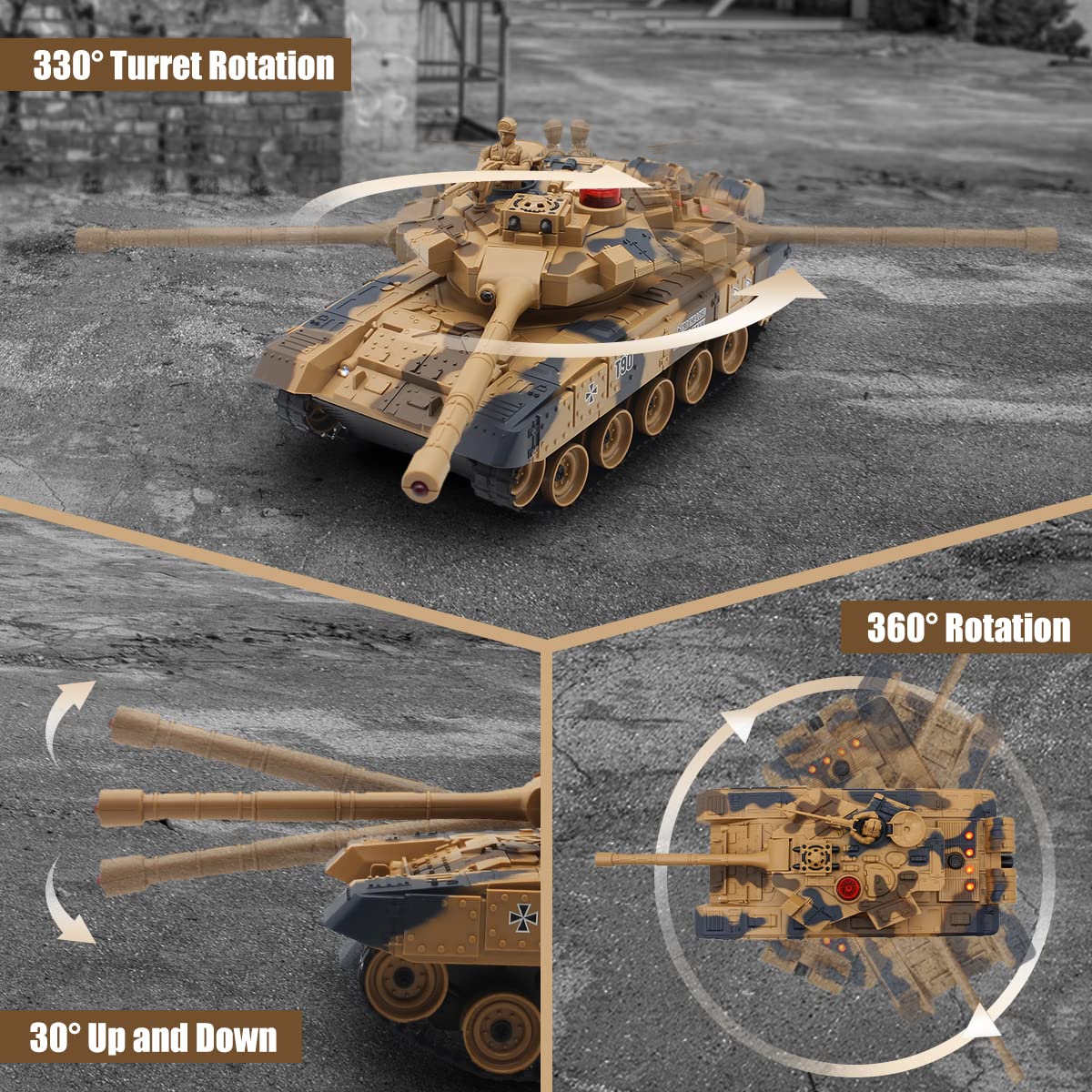 Fistone RC Battle Tank Set, 1/24 Scale 2.4G Remote Control T90 Tank and Leopard Battle Tank with Realistic Sounds, Lights, Life Indicators and Spray Military Toys for Kids and Adults