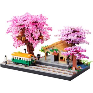 architecture, japanese sakura tree class train station cherry blossom tree building block model kit 3668 pcs for adults and kids, classical building micro blocks set,mini diy assembly toy