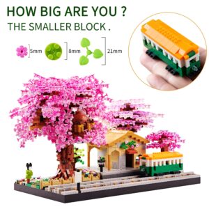 Architecture, Japanese Sakura Tree Class Train Station Cherry Blossom Tree Building Block Model Kit 3668 PCS for Adults and Kids, Classical Building Micro Blocks Set,Mini DIY Assembly Toy