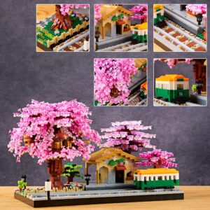 Architecture, Japanese Sakura Tree Class Train Station Cherry Blossom Tree Building Block Model Kit 3668 PCS for Adults and Kids, Classical Building Micro Blocks Set,Mini DIY Assembly Toy