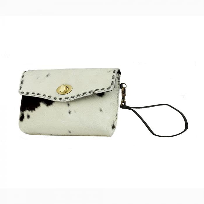 White Western Handmade Turnlock Wristlet - Hair On Leather Wallet for Women