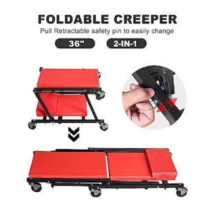 BIG RED Z-Creeper Seat,36" Foldable Creeper,2-in-1 Garage Shop Creeper for Auto Repair,36" RED,300 Lbs Capacity,with 6 Pcs Wheels,ATR6505R,Torin