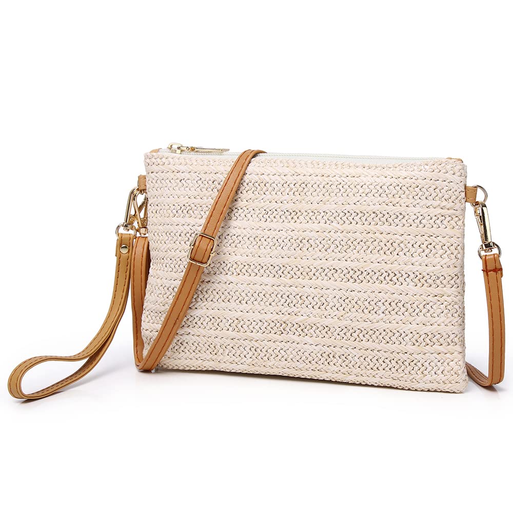 Bycobecy Straw Clutch Purse for Women,Summer Beach Straw Purse Cute Zipper Wristlet Wallets, Small Straw Handbag for Beach (White)