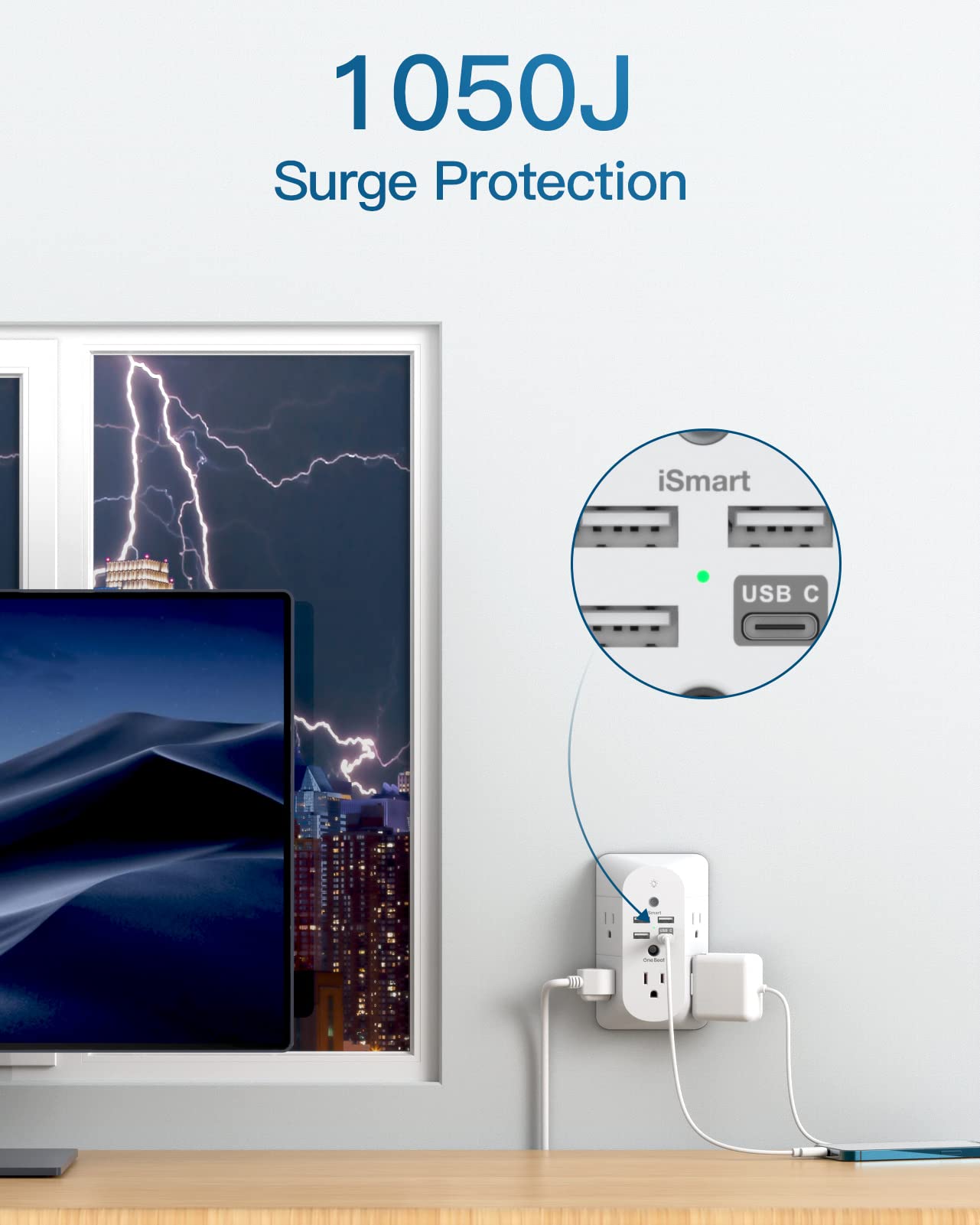 Surge Protector, Outlet Extender Power Strip, USB Wall Charger, Multi Plug Outlets with Spaced Outlets for Home, Office