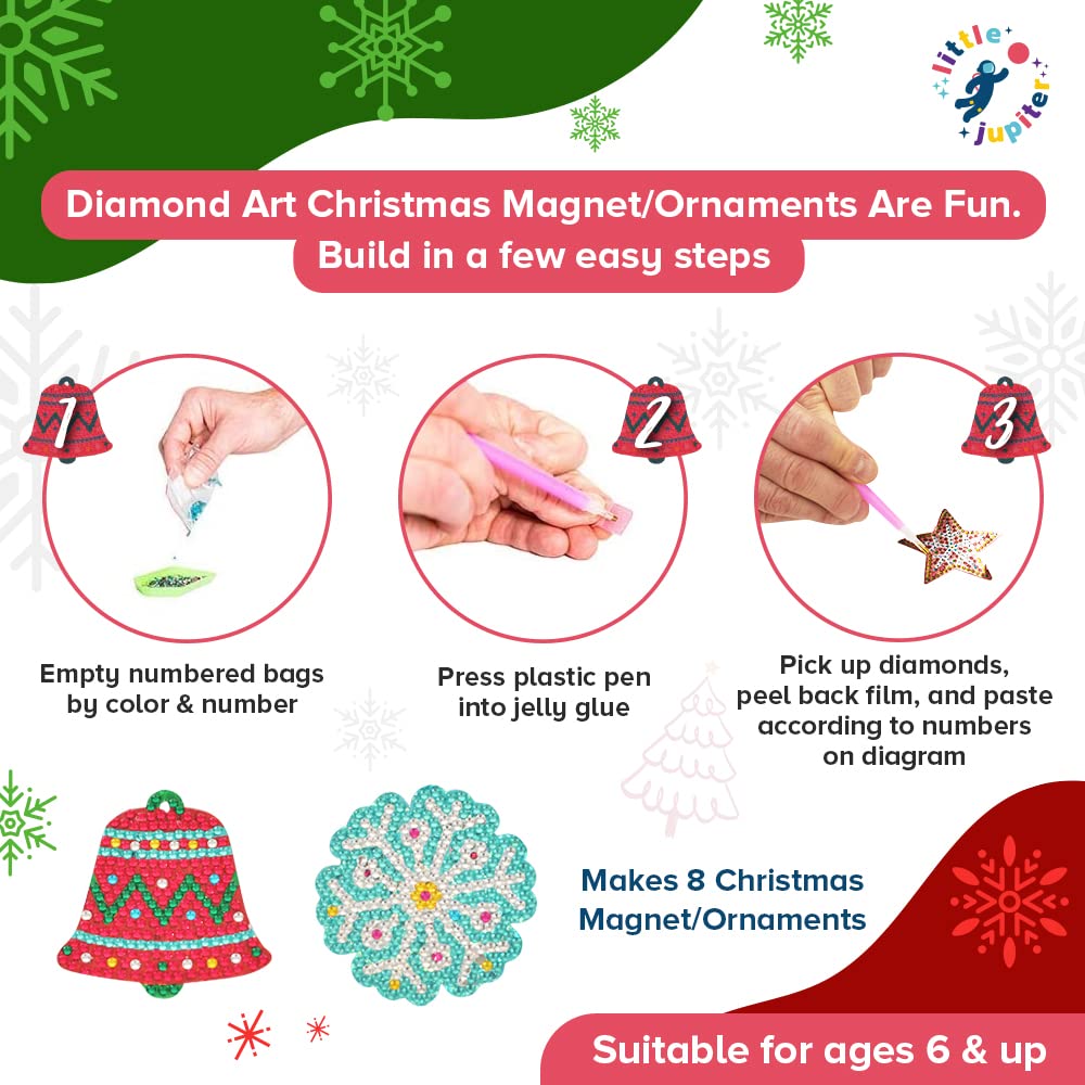 DIY Magnet & Diamond Art Christmas Ornaments for Kids Set - Makes 8pcs - Christmas Crafts for Kids - Diamond Art Kits for Kids - Kids Diamond Art Kits - Christmas Ornament Kits -Ornament Kit