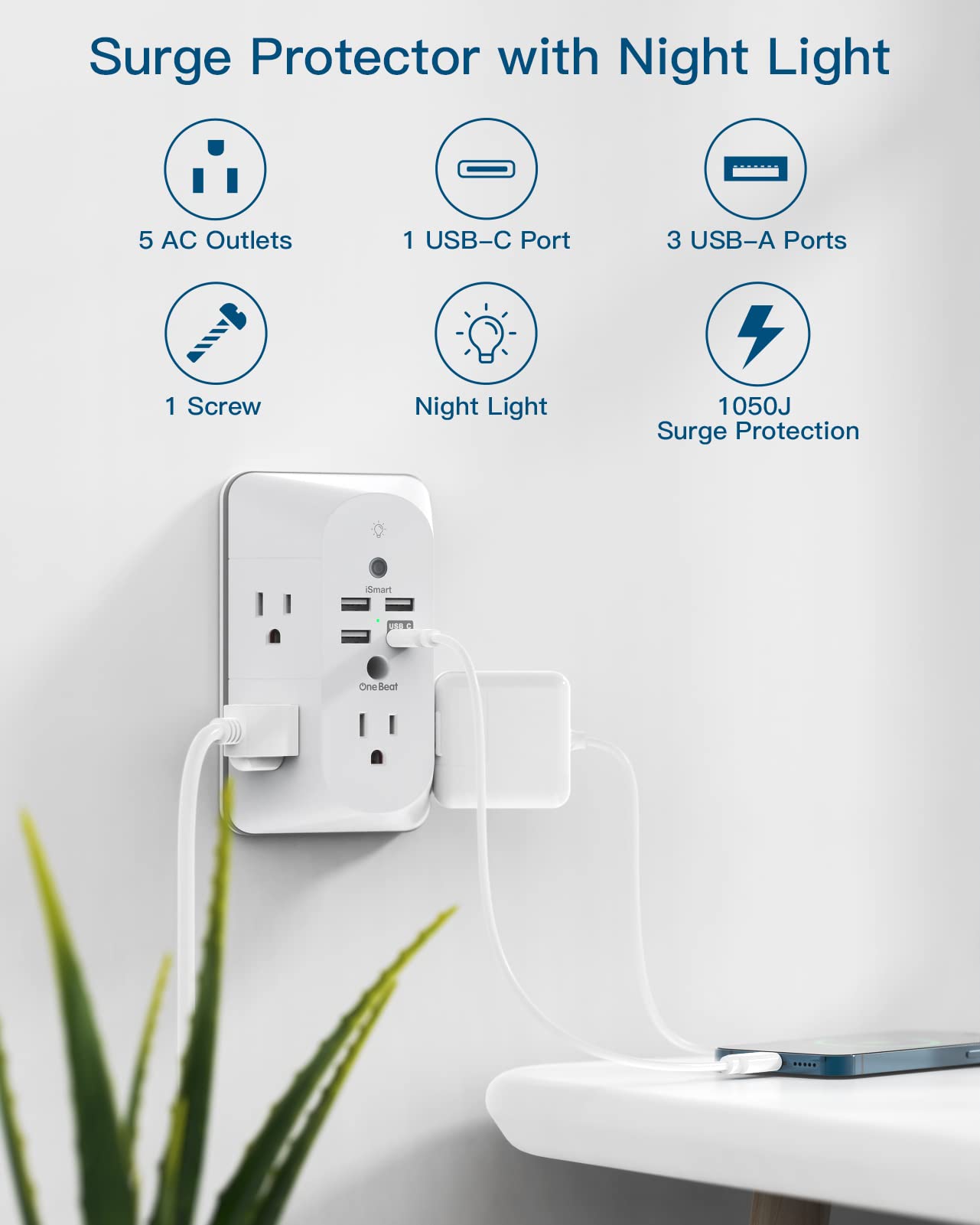 Surge Protector, Outlet Extender Power Strip, USB Wall Charger, Multi Plug Outlets with Spaced Outlets for Home, Office