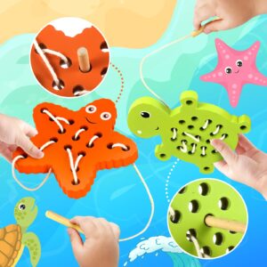 KLT Wooden Lacing Threading Toys for Toddlers Fine Motor Skills, 1 Turtle 1 Starfish Car Airplane Toddler Travel Toys, Wood Puzzle Educational Gifts Learning Montessori Toys for 3, 4, 5 Years Old Kids