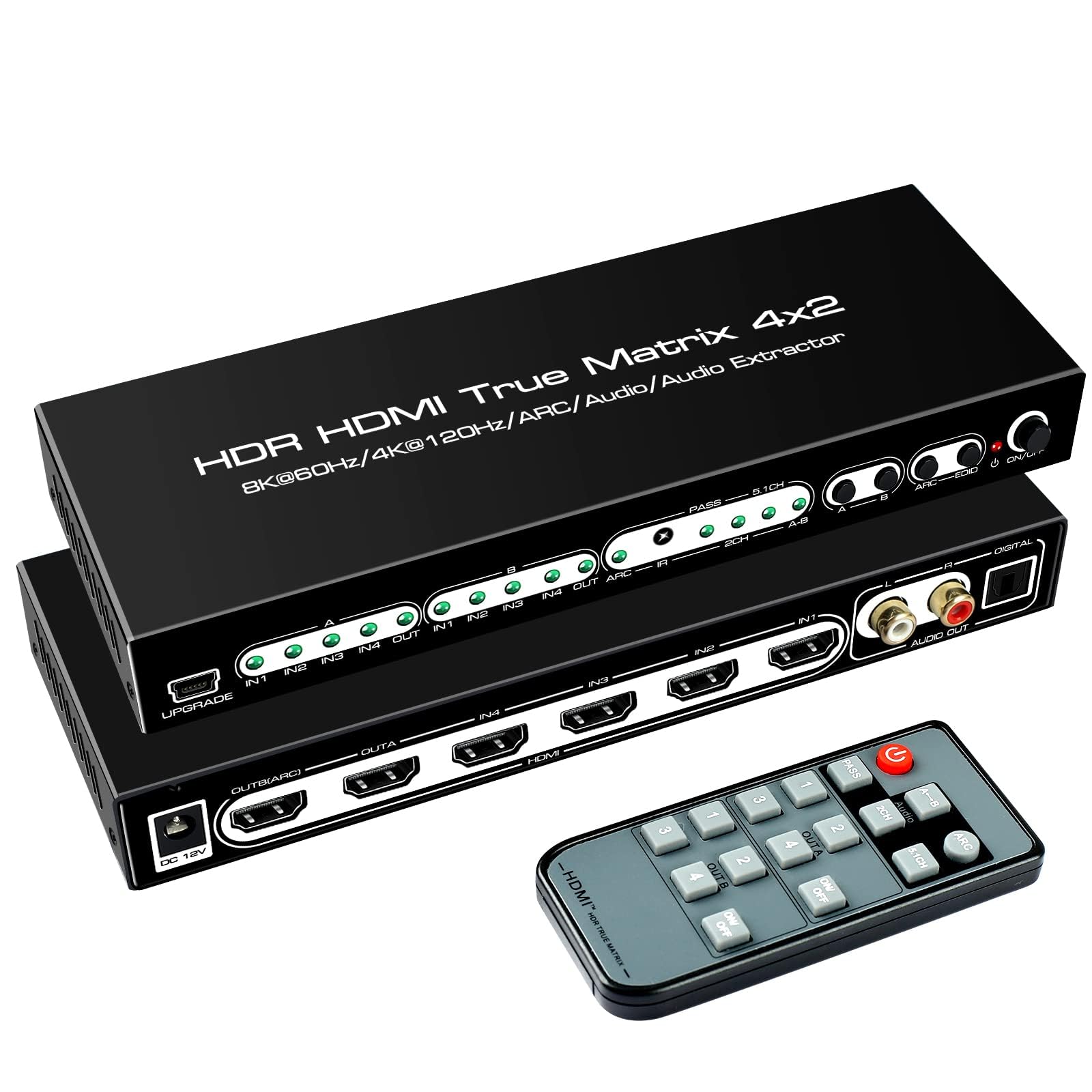 FERRISA 8K 4X2 HDMI Matrix 4 in 2 Out HDMI 2.1 Matrix HDMI Video Switcher Splitter +Optical & L/R Audio Output,Support 4K 120Hz,HDR10 HDCP2.3 Dol-by Vision Atmos SPDIF 5.1CH ARC CEC with IR Remote