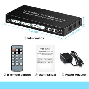 FERRISA 8K 4X2 HDMI Matrix 4 in 2 Out HDMI 2.1 Matrix HDMI Video Switcher Splitter +Optical & L/R Audio Output,Support 4K 120Hz,HDR10 HDCP2.3 Dol-by Vision Atmos SPDIF 5.1CH ARC CEC with IR Remote