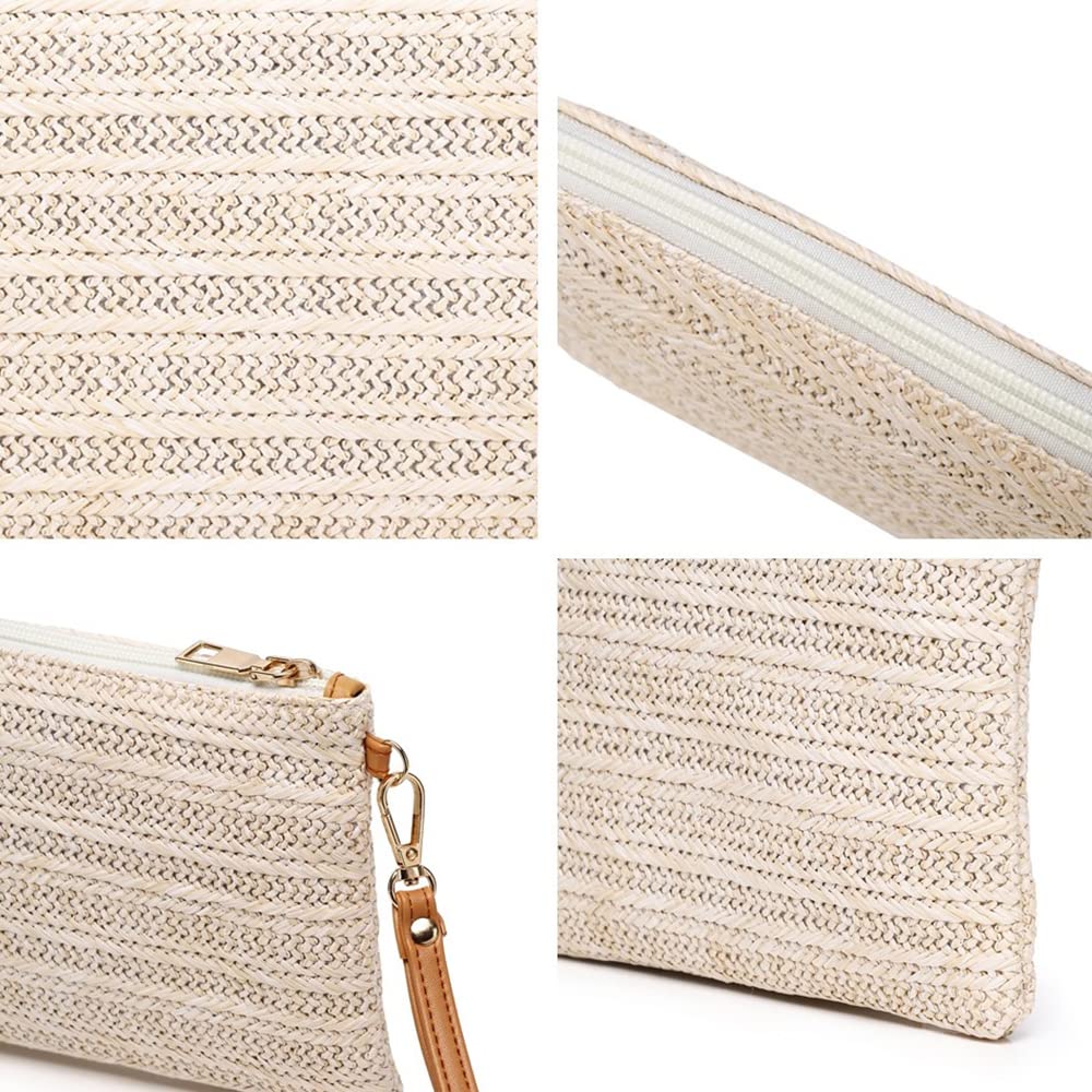 Bycobecy Straw Clutch Purse for Women,Summer Beach Straw Purse Cute Zipper Wristlet Wallets, Small Straw Handbag for Beach (White)