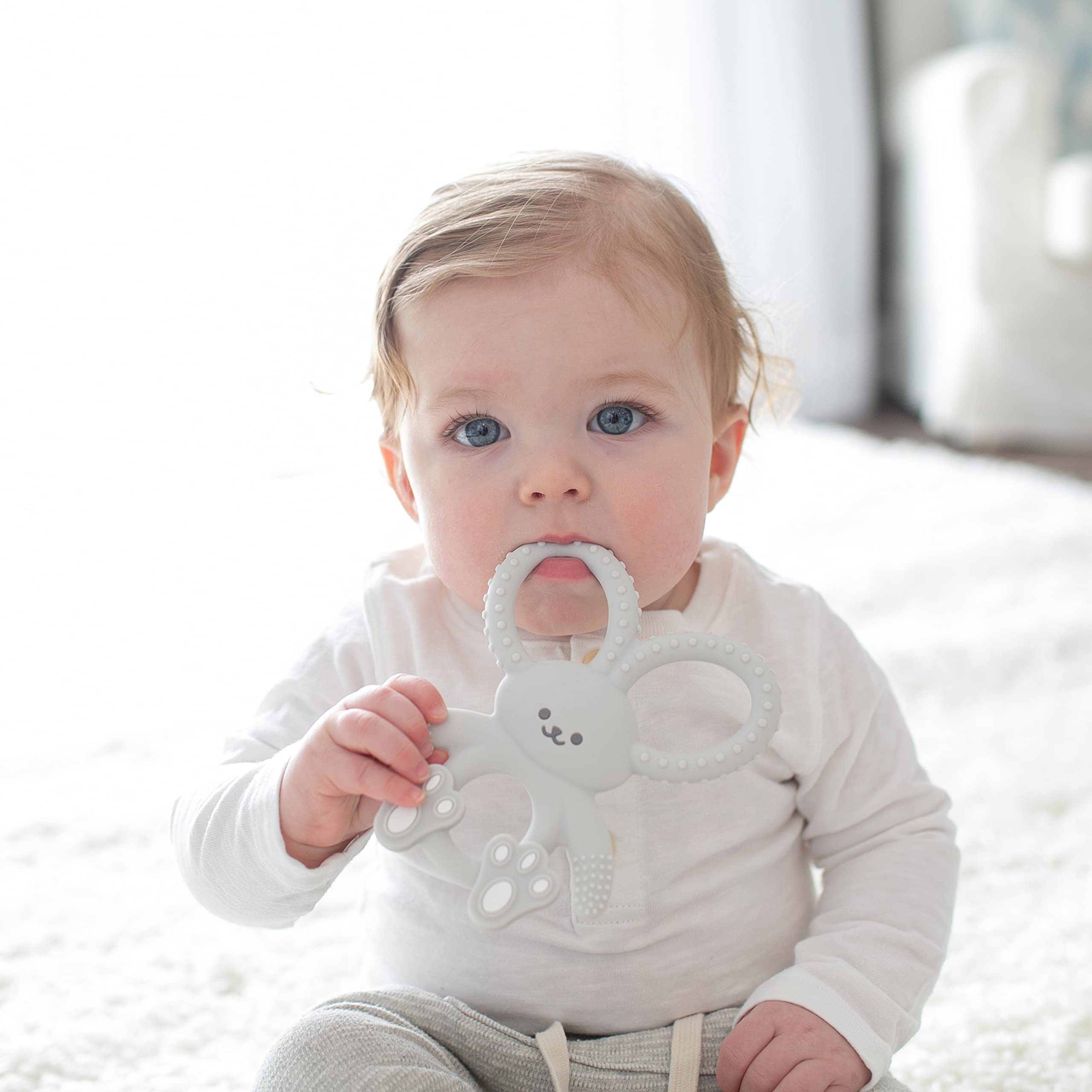 Dr. Brown's Flexees Gray Bunny, Soft 100% Silicone Baby Teether, BPA Free, 3m+