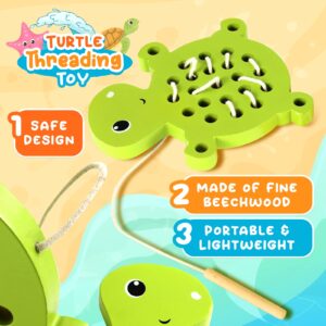 KLT Wooden Lacing Threading Toys for Toddlers Fine Motor Skills, 1 Turtle 1 Starfish Car Airplane Toddler Travel Toys, Wood Puzzle Educational Gifts Learning Montessori Toys for 3, 4, 5 Years Old Kids