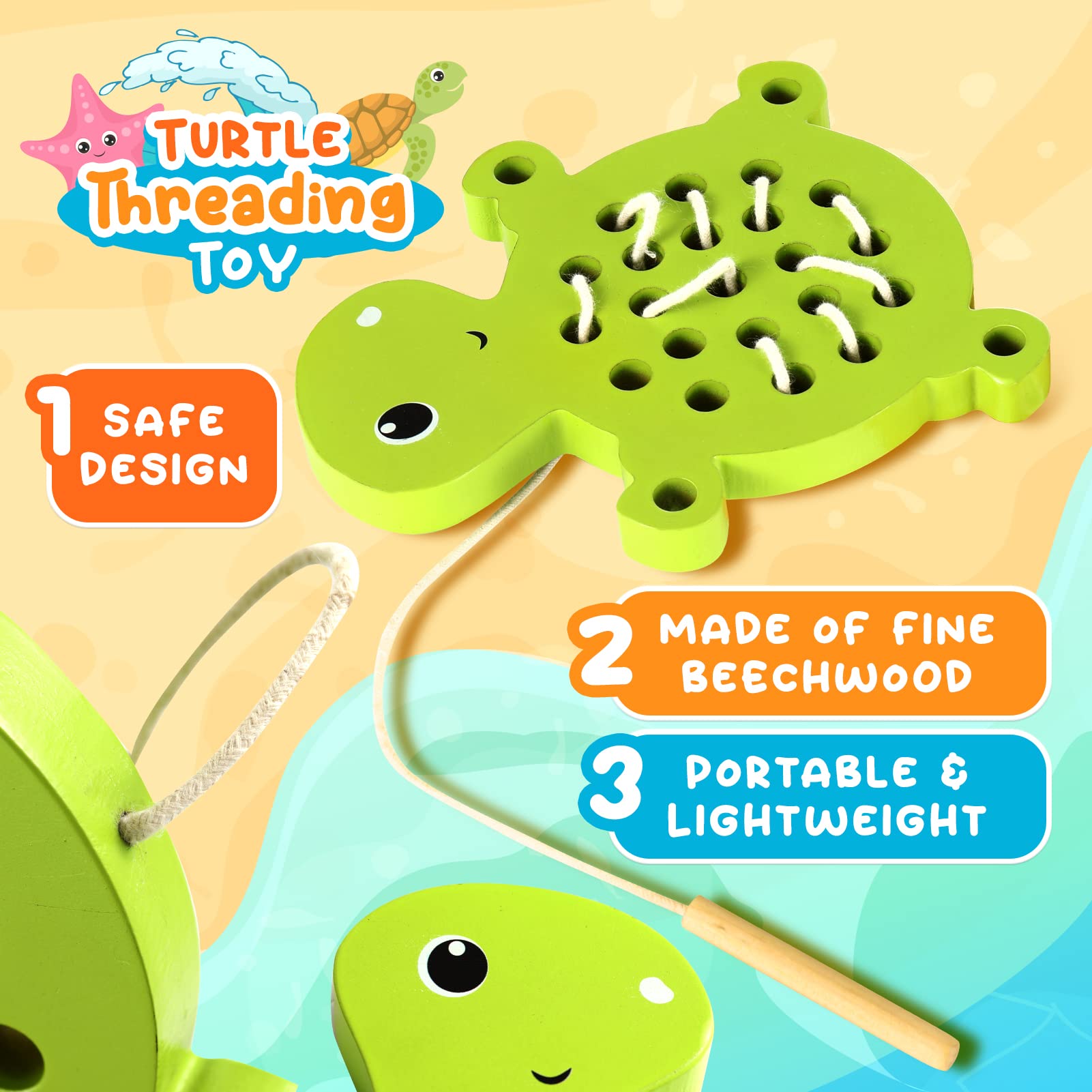 KLT Wooden Lacing Threading Toys for Toddlers Fine Motor Skills, 1 Turtle 1 Starfish Car Airplane Toddler Travel Toys, Wood Puzzle Educational Gifts Learning Montessori Toys for 3, 4, 5 Years Old Kids