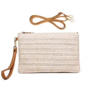 Bycobecy Straw Clutch Purse for Women,Summer Beach Straw Purse Cute Zipper Wristlet Wallets, Small Straw Handbag for Beach (White)