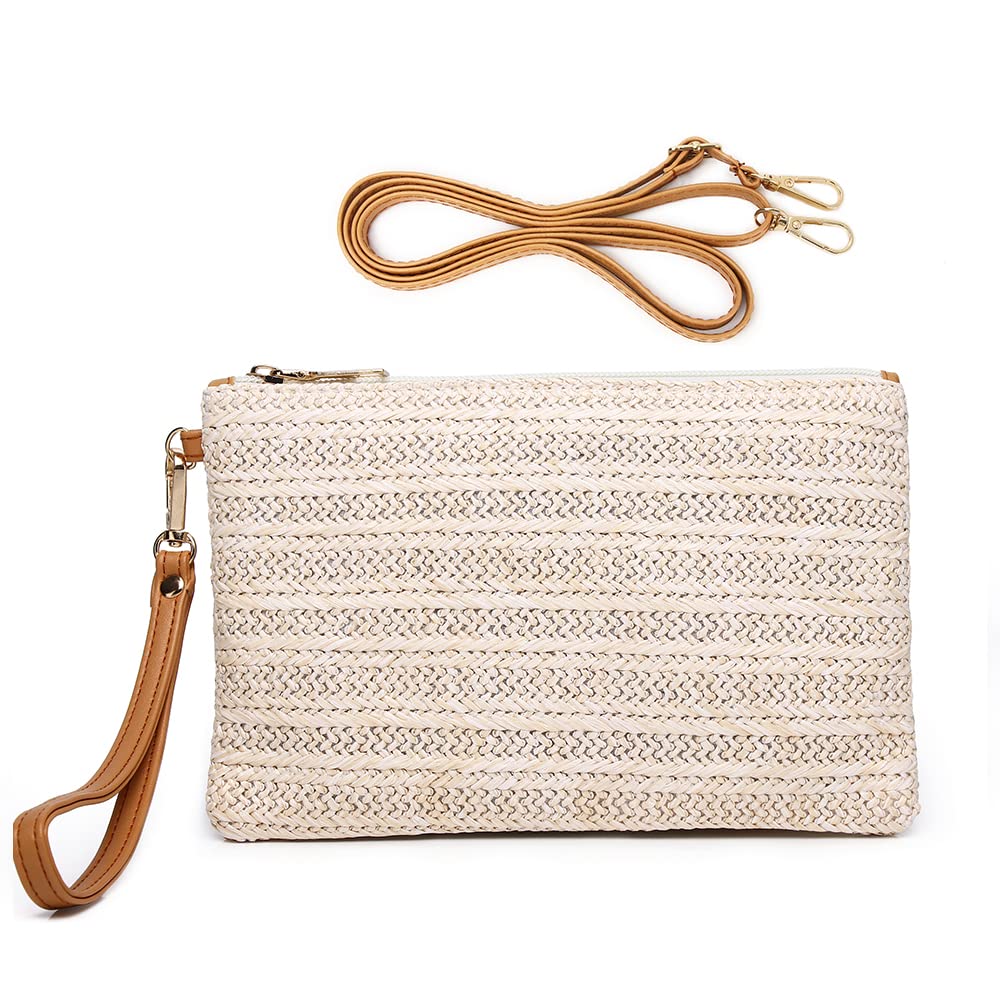 Bycobecy Straw Clutch Purse for Women,Summer Beach Straw Purse Cute Zipper Wristlet Wallets, Small Straw Handbag for Beach (White)