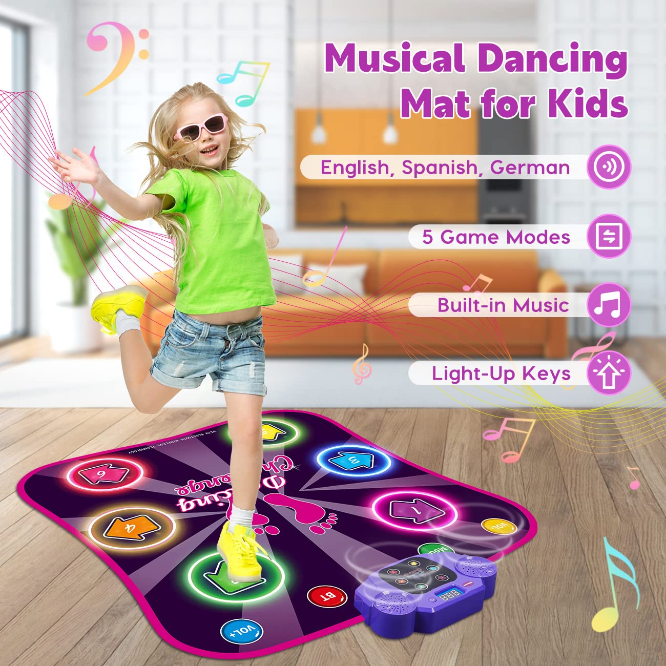 Kids Dance Mat for Girls - Birthday Gifts for 4 5 6 7 8 Year Old Girl - Toys for Ages 4 5-7 - Electronic Dance Pad with Light Up 6 Button & Wireless Bluetooth & 5 Game Modes