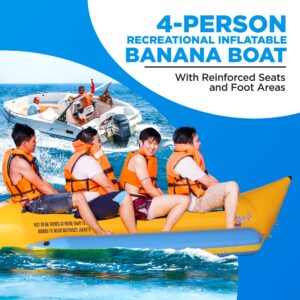 SereneLife Inflatable Floating Banana Boat, Towable Tube for Boating, up to 4 Riders, Includes Storage Bag, Food Pump, and Repair Kit