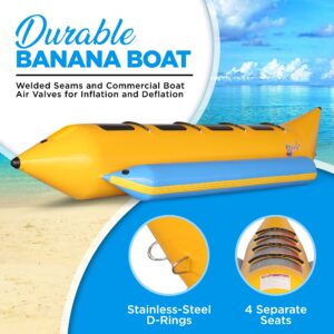 SereneLife Inflatable Floating Banana Boat, Towable Tube for Boating, up to 4 Riders, Includes Storage Bag, Food Pump, and Repair Kit