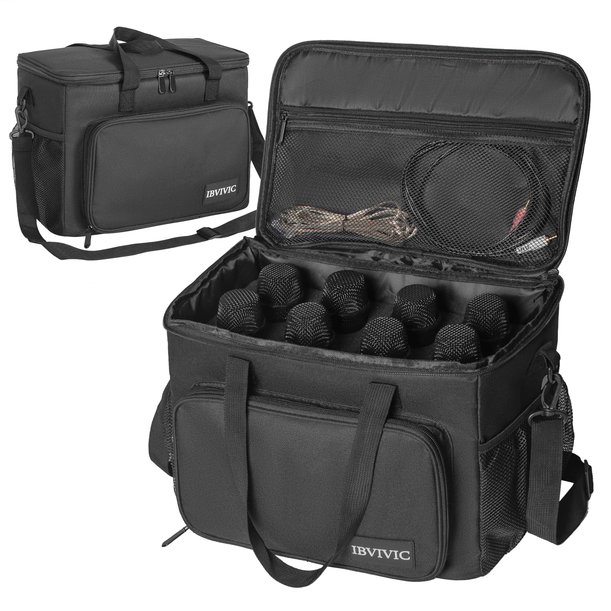 IBVIVIC 8 Slots Wireless Microphone Case with Foam, 1680D Heavy Duty Oxford Fabric Microphone Bag with Shoulder Strap, BLACK