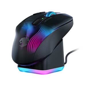 roccat kone xp air – wireless customizable ergonomic rgb gaming mouse, 19k dpi optical sensor, 100-hour battery & charging dock, 29 programmable inputs & aimo rgb lighting, 4d wheel – black