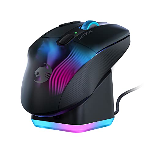 ROCCAT Kone XP Air – Wireless Customizable Ergonomic RGB Gaming Mouse, 19K DPI Optical Sensor, 100-hour Battery & Charging Dock, 29 Programmable Inputs & AIMO RGB Lighting, 4D Wheel – Black