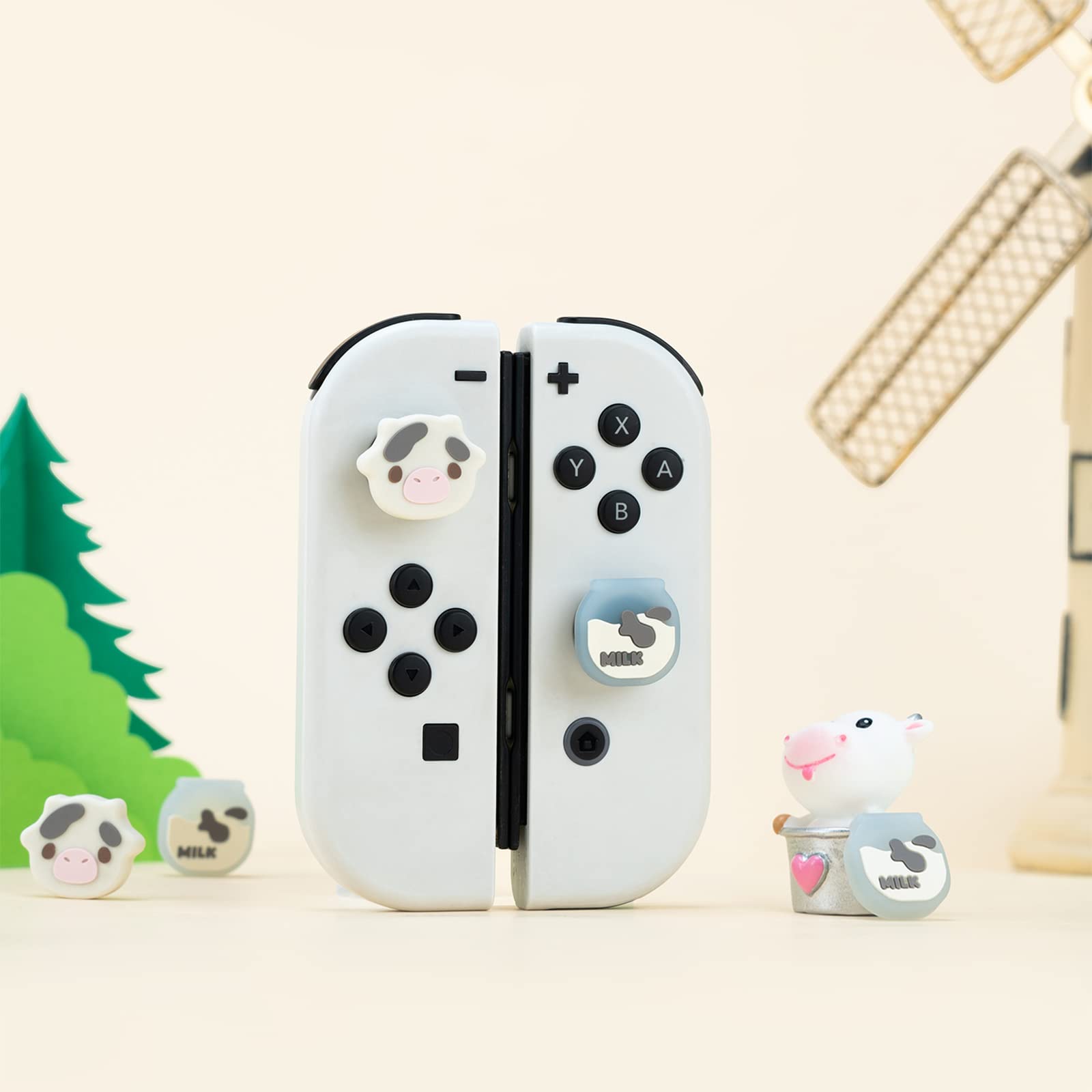 GeekShare Cute Silicone Joycon Thumb Grip Caps, Joystick Cover Compatible with Nintendo Switch/OLED/Switch Lite,4PCS - Dairy Cow