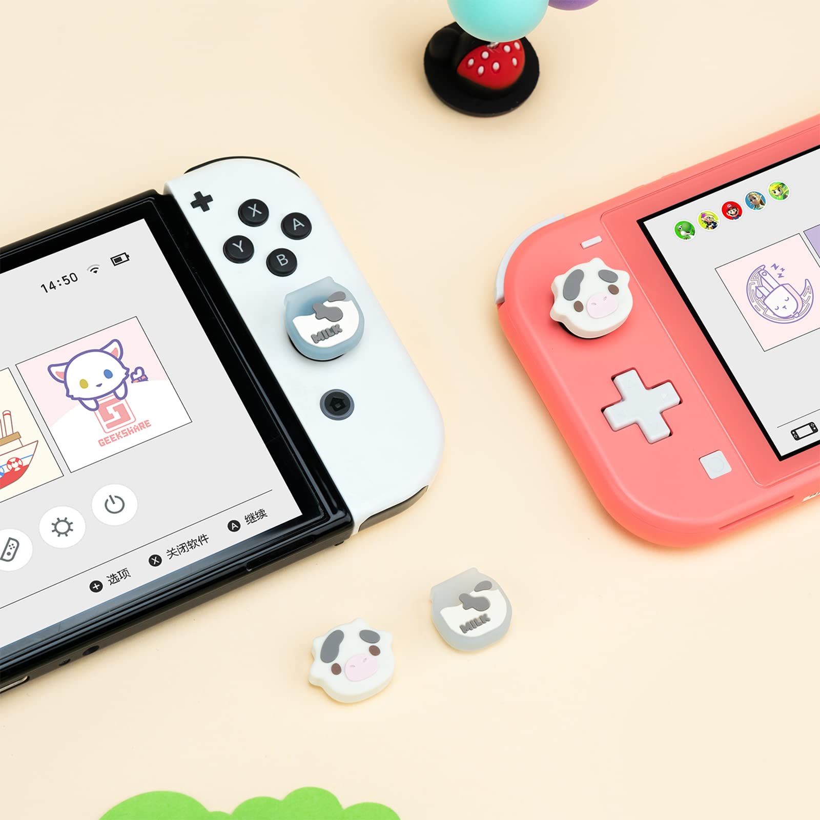 GeekShare Cute Silicone Joycon Thumb Grip Caps, Joystick Cover Compatible with Nintendo Switch/OLED/Switch Lite,4PCS - Dairy Cow