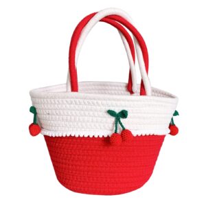 lohgou women girls handwoven cotton handbag cute cherry tote bag summer beach purse (red)