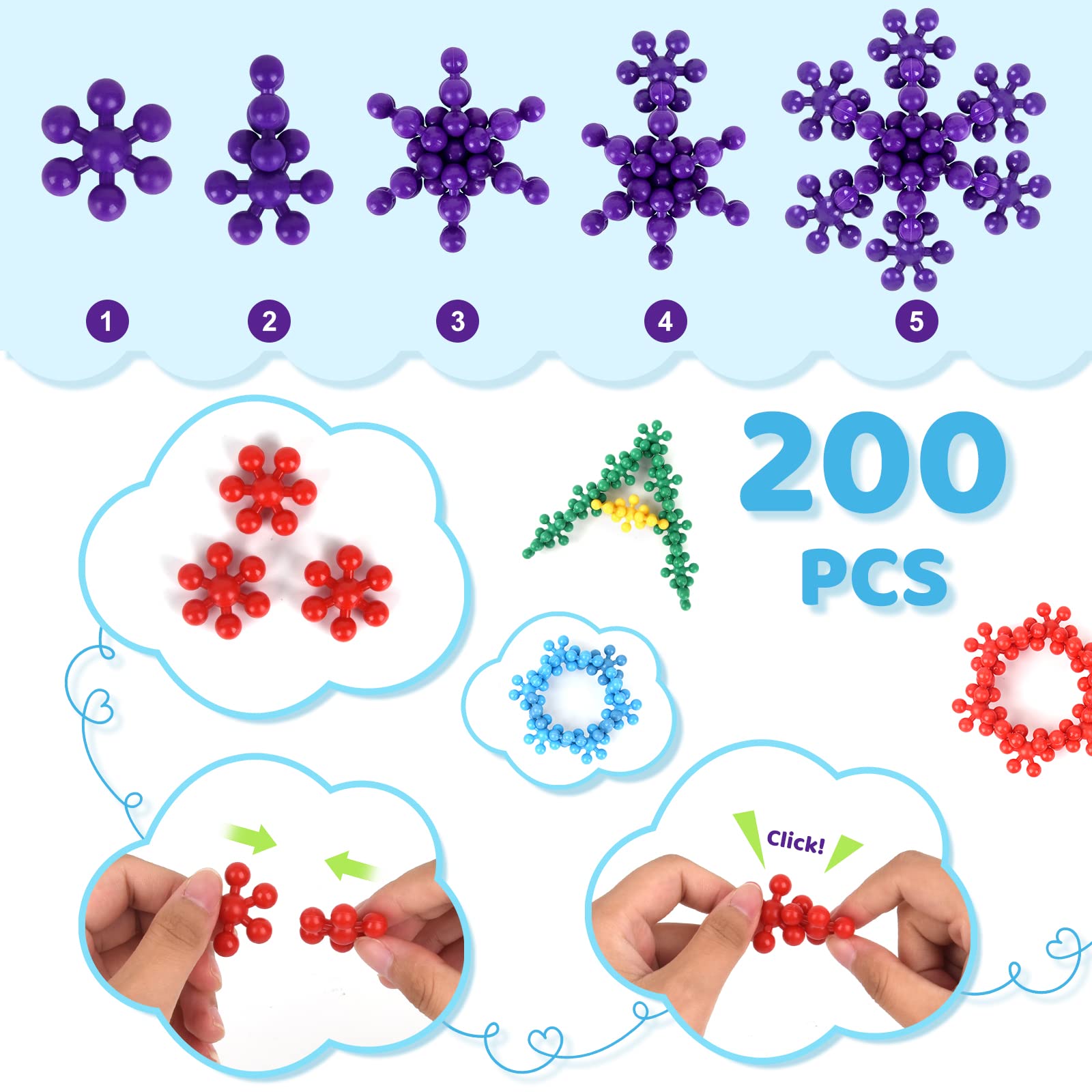 AVERYSHOP 200PCS Snowflake Interlocking Building Block, STEM Toys Educational Plastic Connect Block, Safe Material Creativity Kids Toys for Boys & Girls Ages 3+