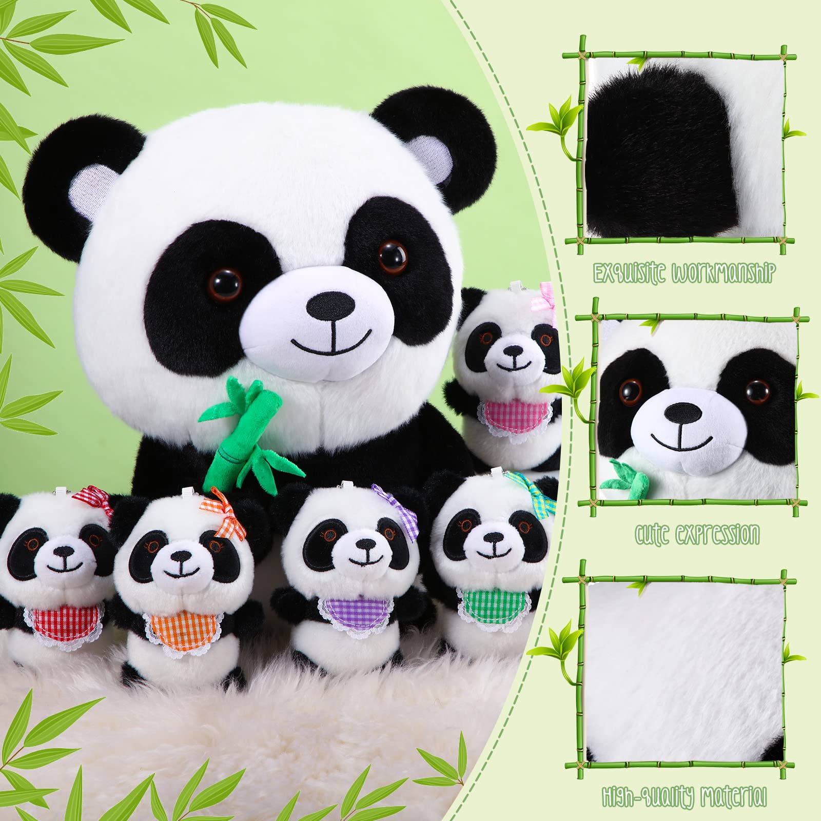 HyDren 6 Pcs Panda Stuffed Animals Cute Bamboo Panda Plush Set 12 Inch Soft Stuffed Panda Mama with 5 Lovely Babies Plushies for Boys Girls Birthday Gift Party Decorations