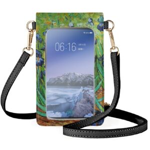 ENLACHIC Van Gogh Small Crossbody Bag Cell Phone Purse for Women, Lightweight Leather Phone Shoulder Bag with Strap,Van Gogh Iris