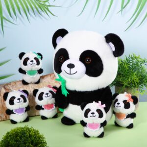 HyDren 6 Pcs Panda Stuffed Animals Cute Bamboo Panda Plush Set 12 Inch Soft Stuffed Panda Mama with 5 Lovely Babies Plushies for Boys Girls Birthday Gift Party Decorations