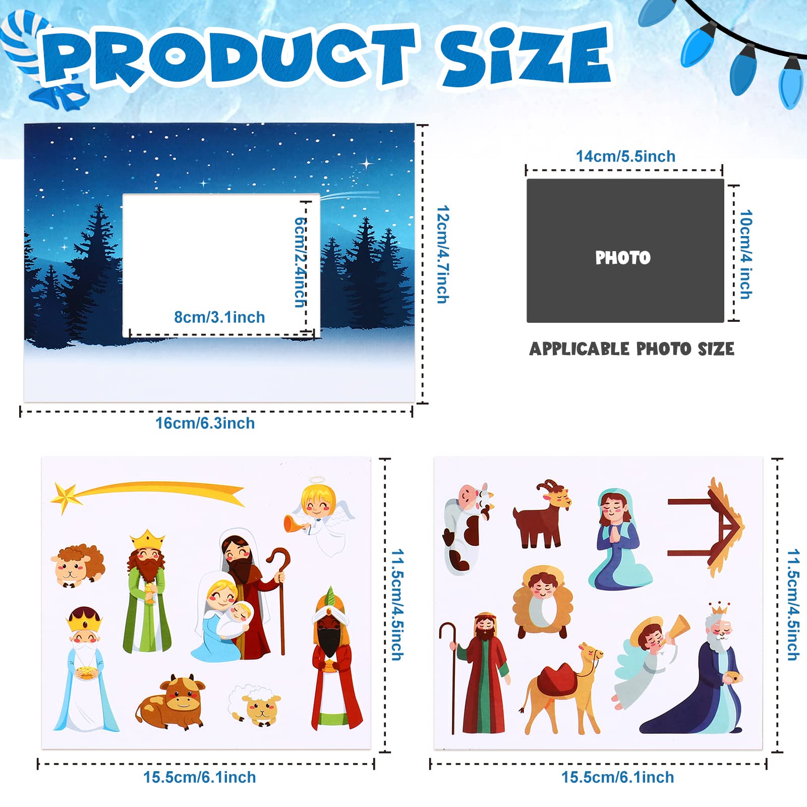 24 Packs Christmas Nativity Picture Frame Craft Kit DIY O Holy Night Crafts for Kids with 330 Pcs Stickers Gift for Kids' Paper Craft Kits Art Project Home Classroom Activities Birthday Party