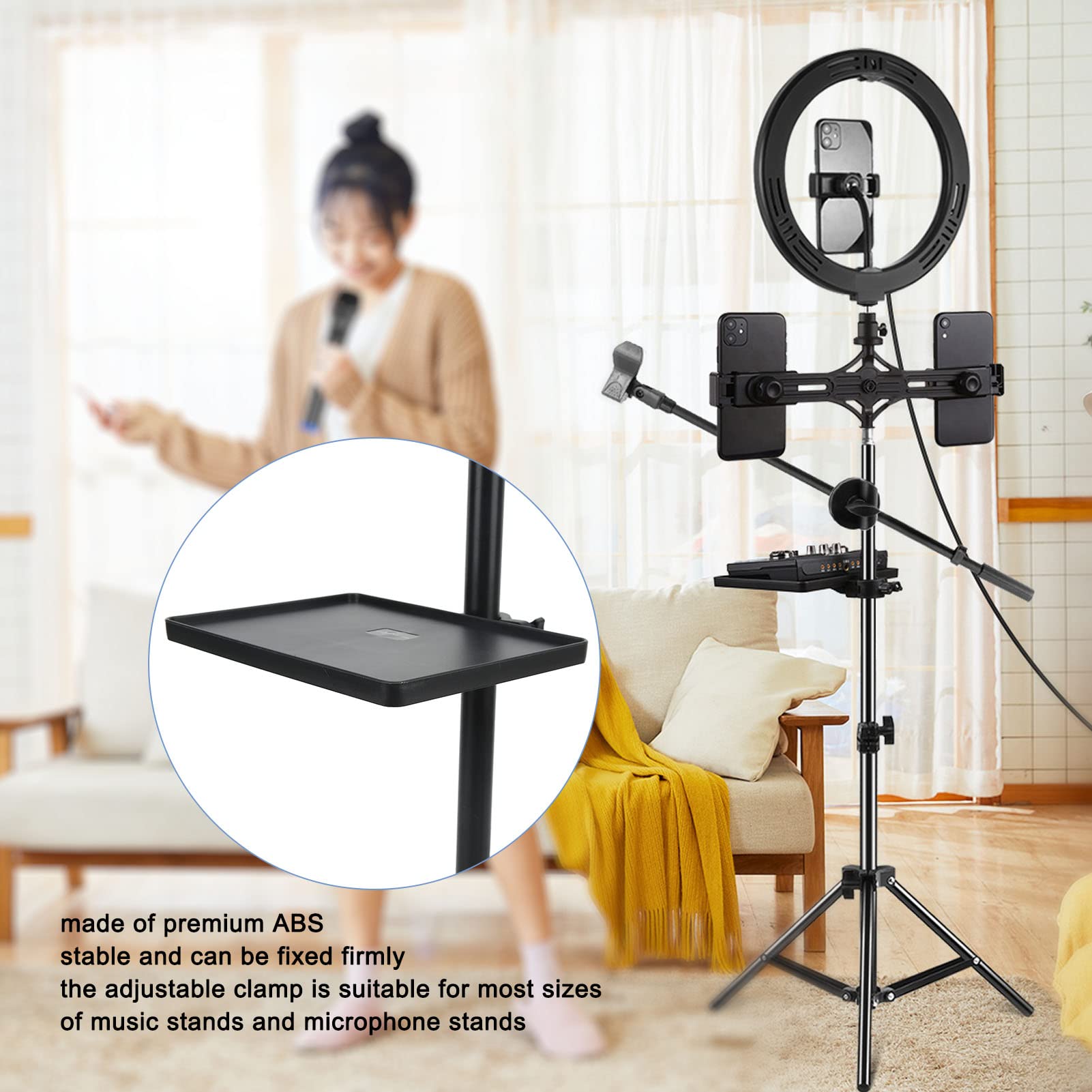 Dilwe Sound Card Tray, Heavy Duty ABS Tray for Standard Speaker Stand & Microphone Stand Rack, Adjustable, Easy Installation, Wide Application, Tray Size: 6.50in x 8.66in