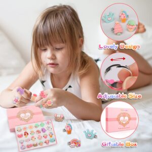 Nicmore Adjustable Rings Gift for Girl: Jewelry Rings for 3 4 5 6 7 8 9 10 11 12 Years Old Girl Gifts | 24PCS in Box Cute Ring Toys for Toddlers Pretend Play and Dress Up No Duplication