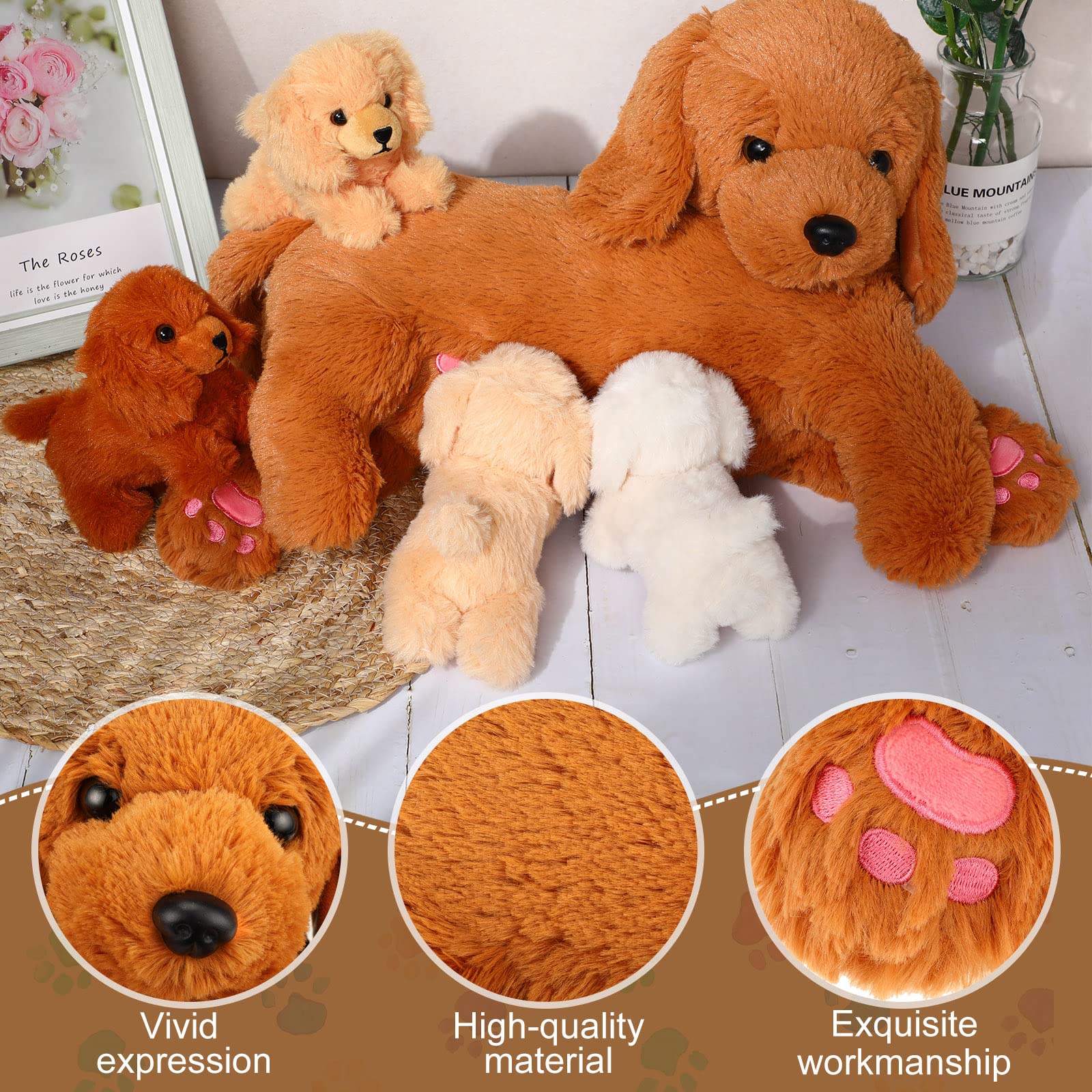 HyDren Nurturing Dog Stuffed Animal Sets Soft Cuddly Golden Retriever Plush Toys Nursing Mommy Dog with 4 Stuffed Baby Puppies for Kids Birthday Graduation Party Favor Gifts (Golden Retriever)