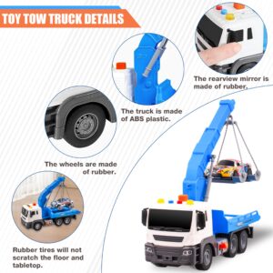 i diy Tow Truck Toy with Hook and 3pcs Pull-Back Race Car，Friction Powered Toy Tow Truck,Tow Truck with Light&Sounds, Toy Trucks for Boys Age 4-7,Construction Toy Truck