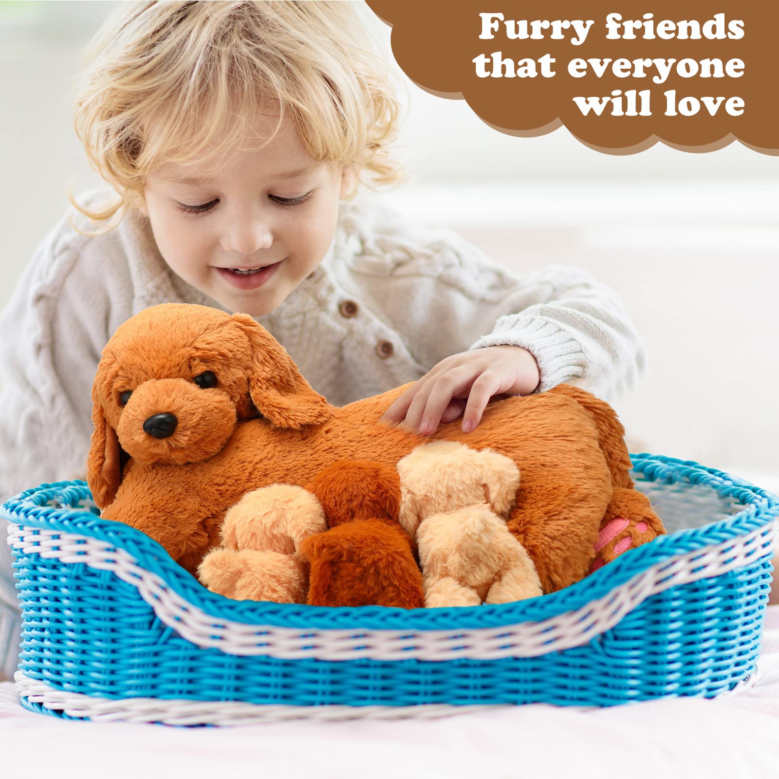 HyDren Nurturing Dog Stuffed Animal Sets Soft Cuddly Golden Retriever Plush Toys Nursing Mommy Dog with 4 Stuffed Baby Puppies for Kids Birthday Graduation Party Favor Gifts (Golden Retriever)