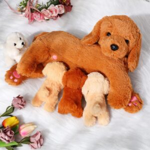 HyDren Nurturing Dog Stuffed Animal Sets Soft Cuddly Golden Retriever Plush Toys Nursing Mommy Dog with 4 Stuffed Baby Puppies for Kids Birthday Graduation Party Favor Gifts (Golden Retriever)