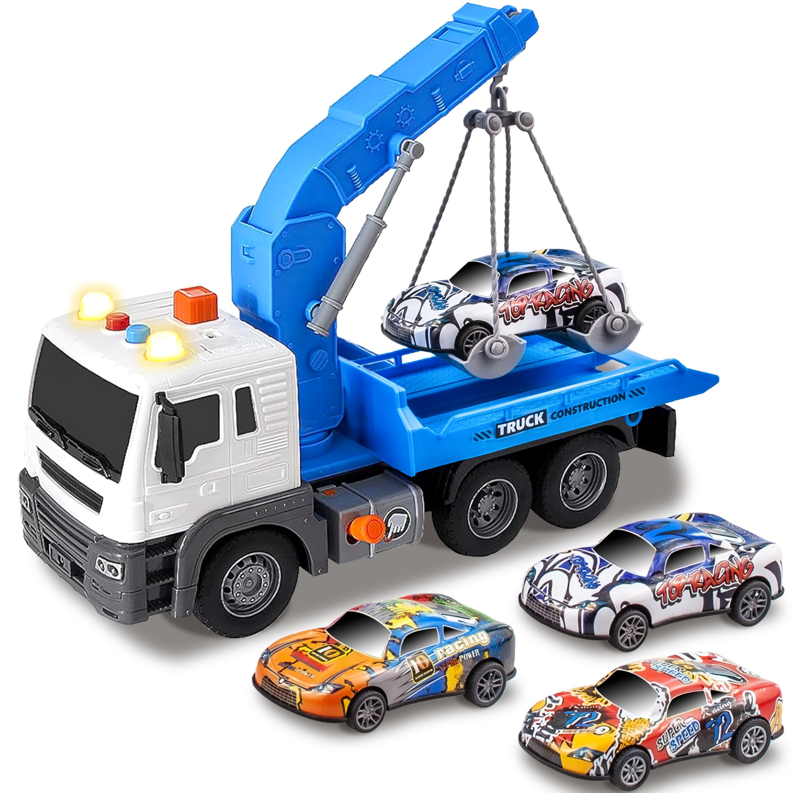 i diy Tow Truck Toy with Hook and 3pcs Pull-Back Race Car，Friction Powered Toy Tow Truck,Tow Truck with Light&Sounds, Toy Trucks for Boys Age 4-7,Construction Toy Truck