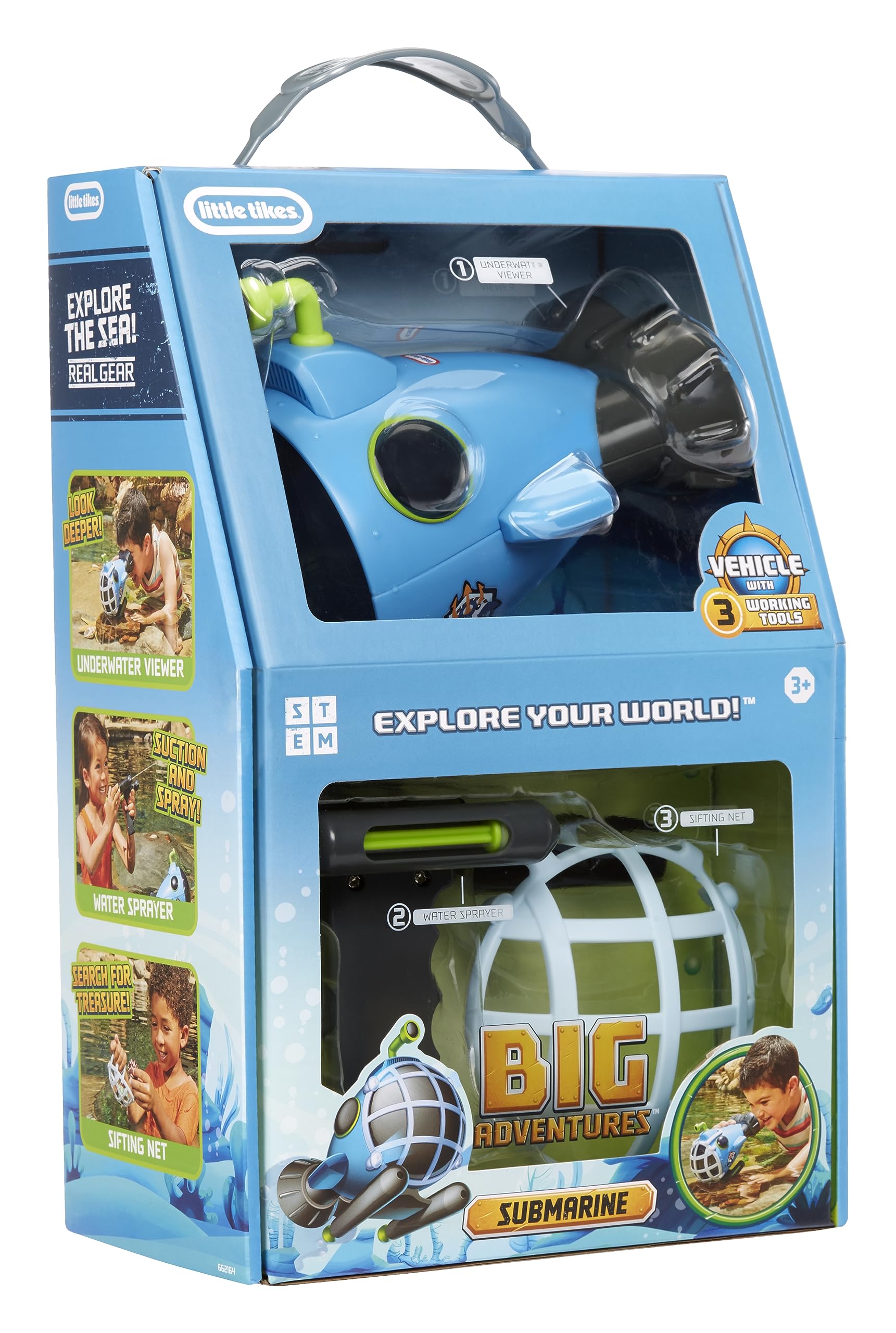 Little Tikes Big Adventures Sea View Submarine STEM Toy Water Vehicle with Underwater Viewer, Water Sprayer and Sifting Net for Girls, Boys, Kids Ages 3+