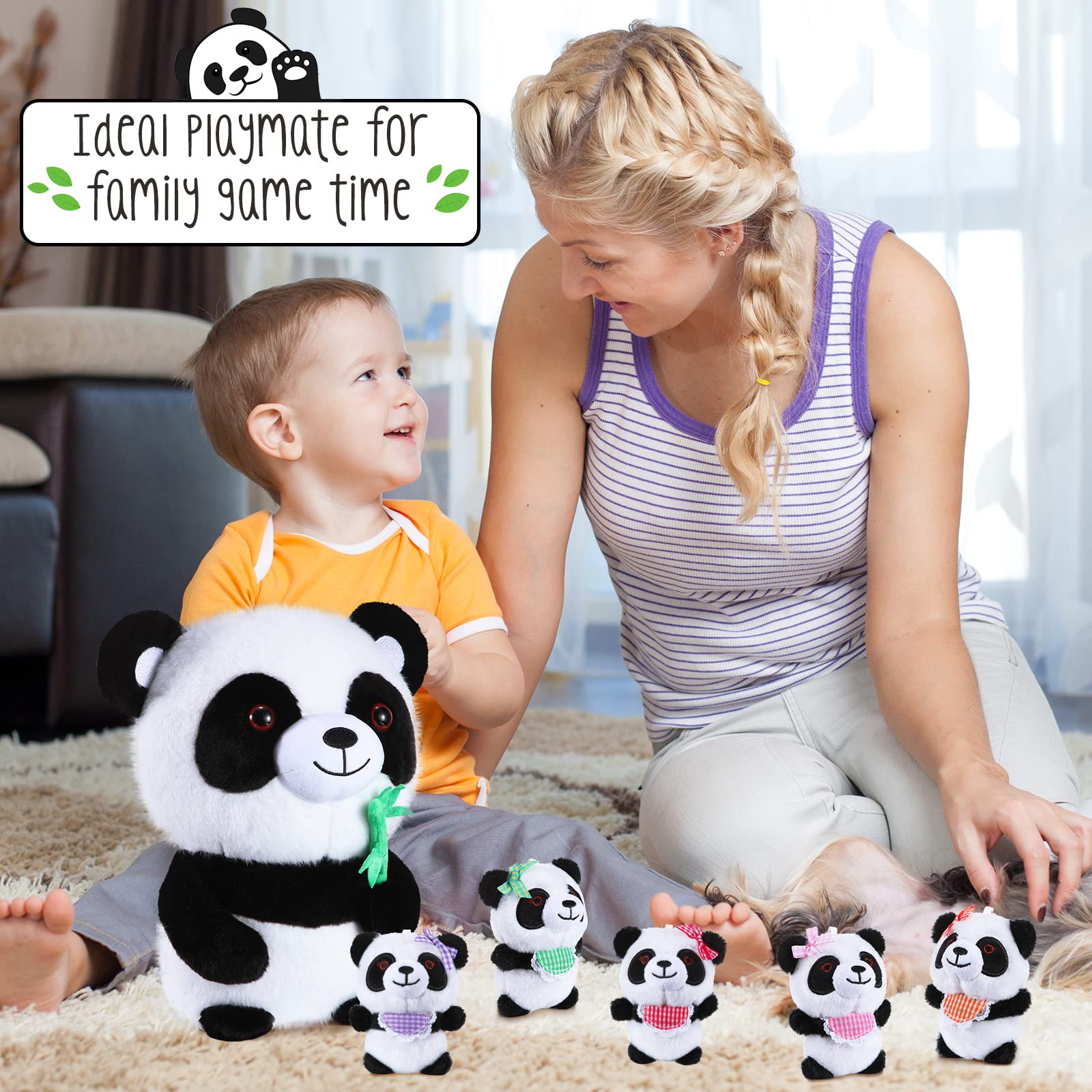 HyDren 6 Pcs Panda Stuffed Animals Cute Bamboo Panda Plush Set 12 Inch Soft Stuffed Panda Mama with 5 Lovely Babies Plushies for Boys Girls Birthday Gift Party Decorations