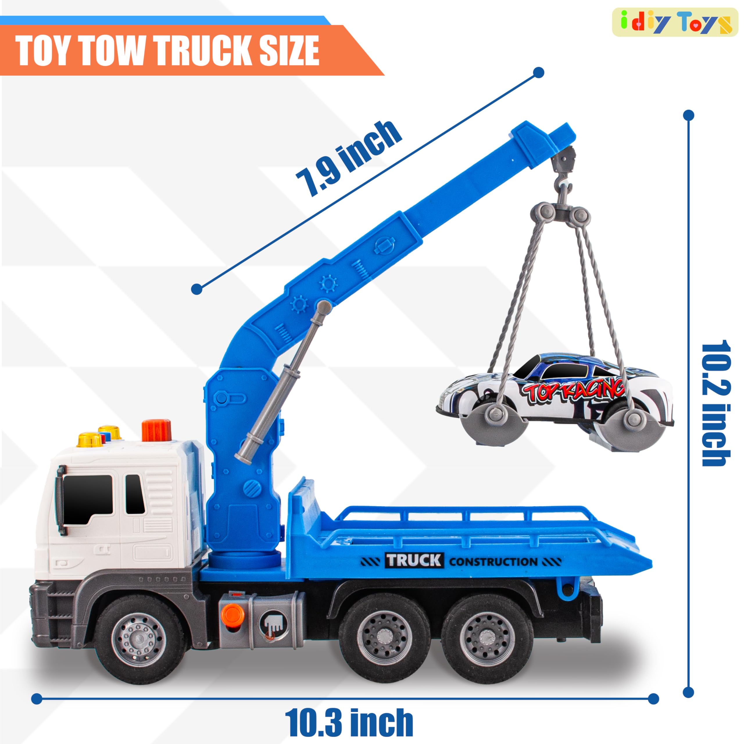 i diy Tow Truck Toy with Hook and 3pcs Pull-Back Race Car，Friction Powered Toy Tow Truck,Tow Truck with Light&Sounds, Toy Trucks for Boys Age 4-7,Construction Toy Truck