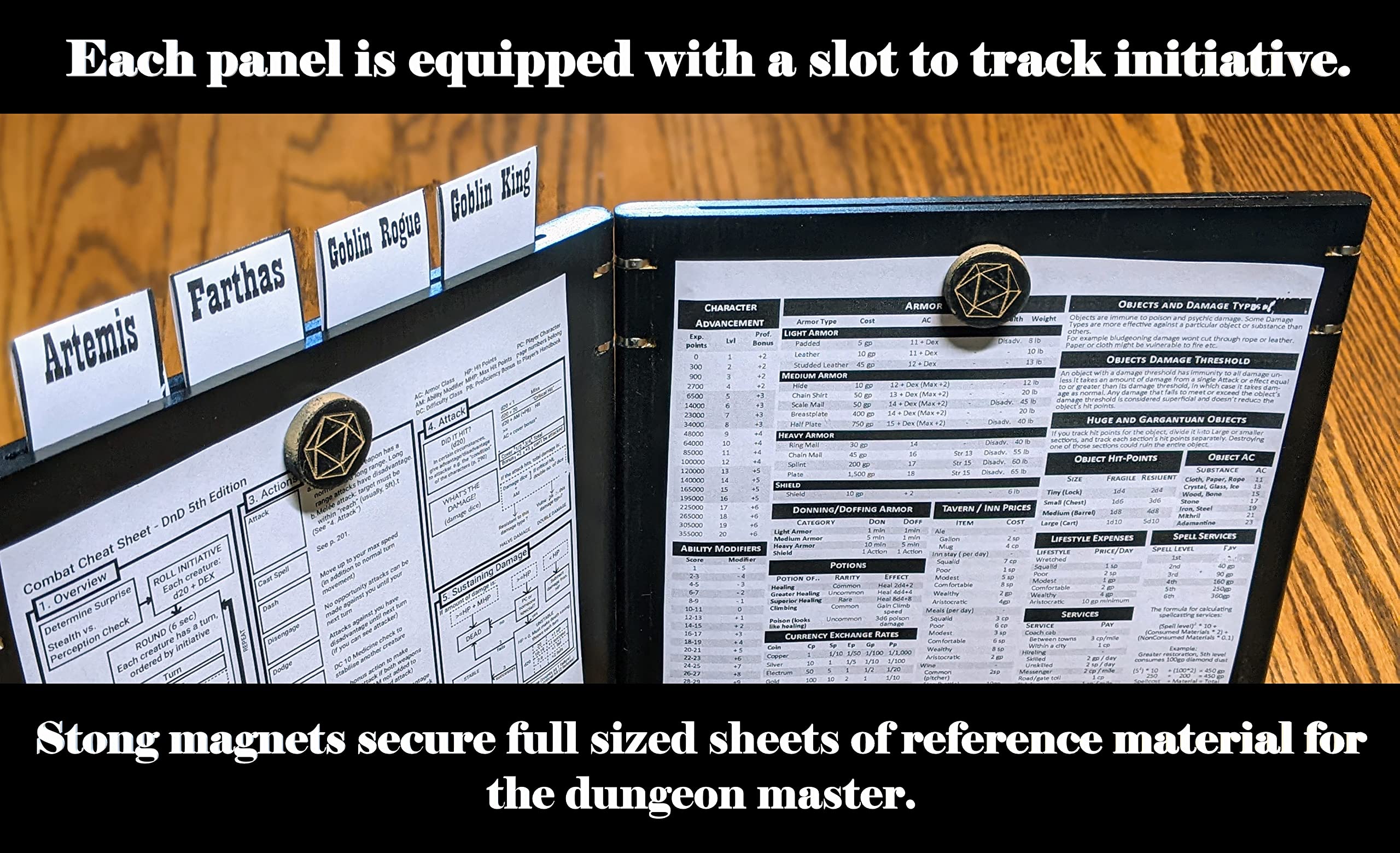 DND Dungeon Master Screen Engraved Maple Wood Three-Panel DM Screen with Initiative Tracker Slot for D&D and RPGs (Tree of Life), Black