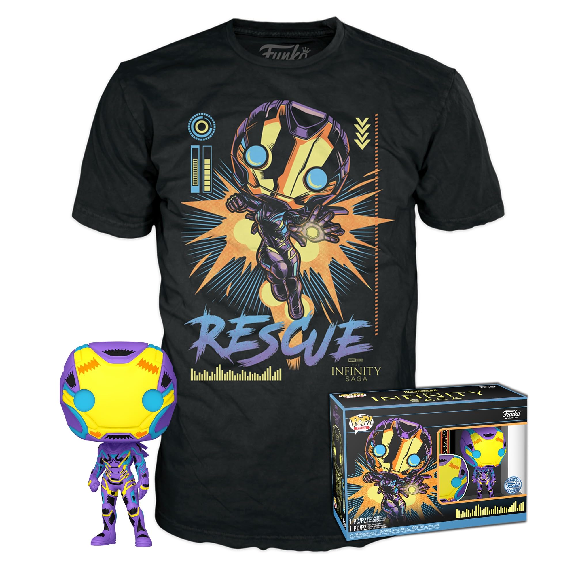 Funko Pop! & Tee: Marvel Blacklight - Rescue - Extra Large - (XL) - T-Shirt - Clothes with Collectable Vinyl Figure - Gift Idea - Toys and Short Sleeve Top for Adults Unisex Men and Women