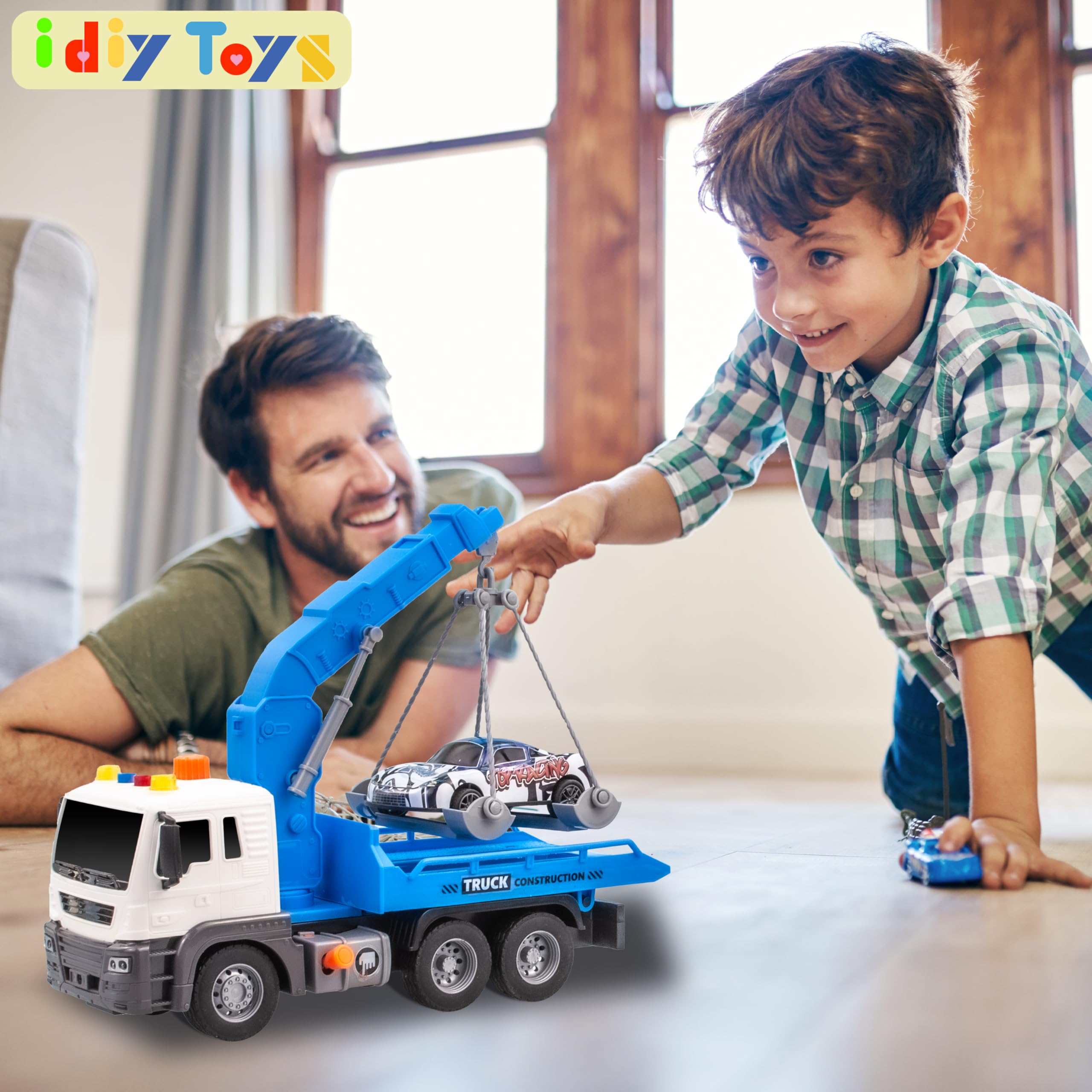 i diy Tow Truck Toy with Hook and 3pcs Pull-Back Race Car，Friction Powered Toy Tow Truck,Tow Truck with Light&Sounds, Toy Trucks for Boys Age 4-7,Construction Toy Truck