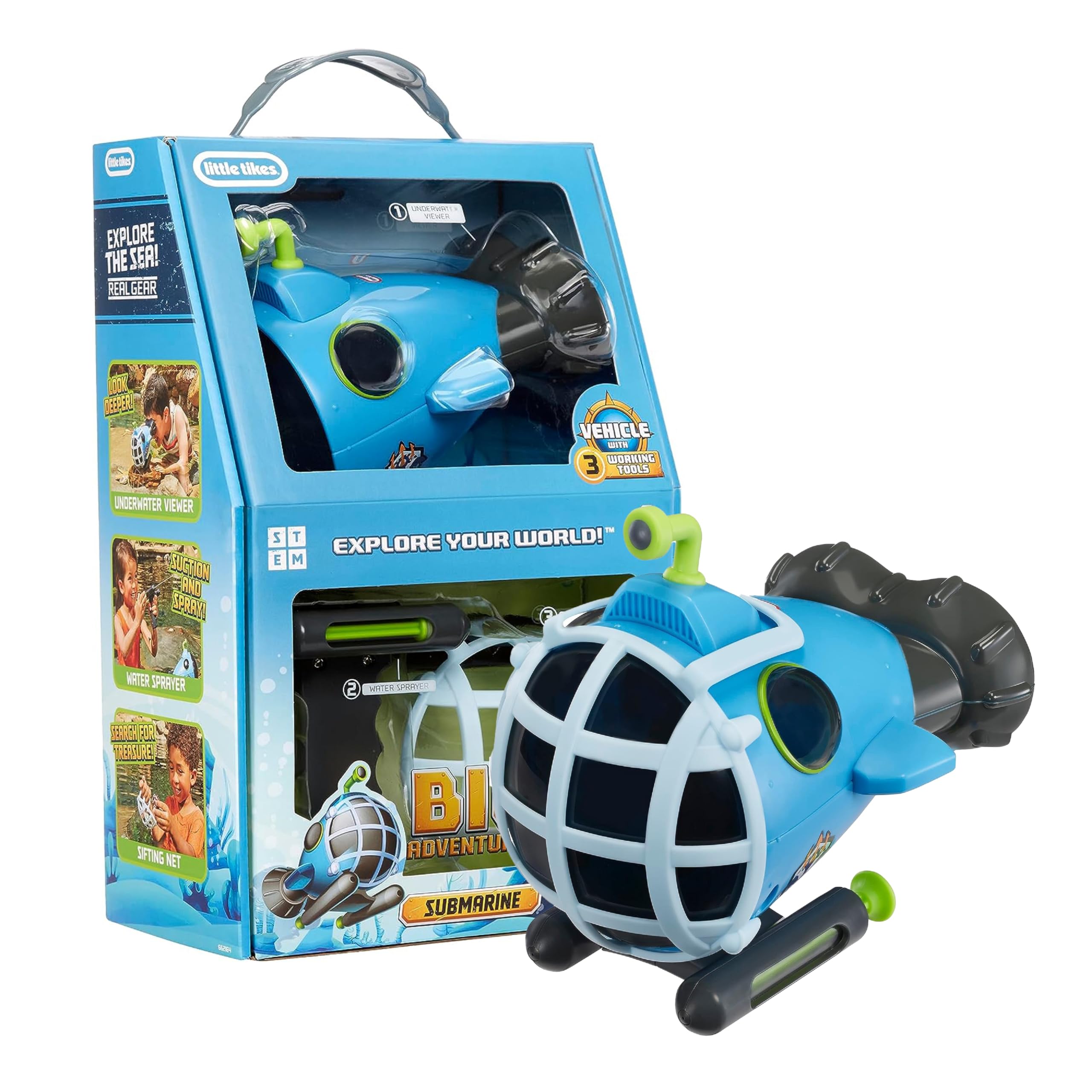 Little Tikes Big Adventures Sea View Submarine STEM Toy Water Vehicle with Underwater Viewer, Water Sprayer and Sifting Net for Girls, Boys, Kids Ages 3+