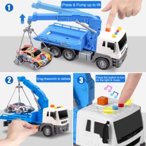 i diy Tow Truck Toy with Hook and 3pcs Pull-Back Race Car，Friction Powered Toy Tow Truck,Tow Truck with Light&Sounds, Toy Trucks for Boys Age 4-7,Construction Toy Truck